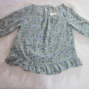 Cynthia Rowley Top L Blue/Green Floral Ruffle Trim Cottagecore